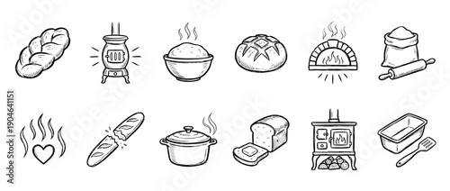 Hand-drawn baking and cooking icon set with bread, ovens, flour, and kitchen utensils in a simple black and white doodle style for homemade food concepts