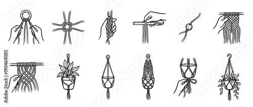 Set of macrame instruction icons showing a step-by-step tutorial for creating a handmade plant hanger, from tying knots to the finished product in a doodle line art style
