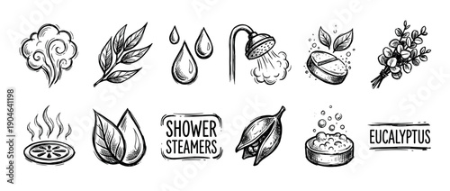 Hand-drawn shower steamer and aromatherapy icon set with eucalyptus leaves, fizzy tablets, steam, and water drops in a vintage sketch style for spa and wellness concepts