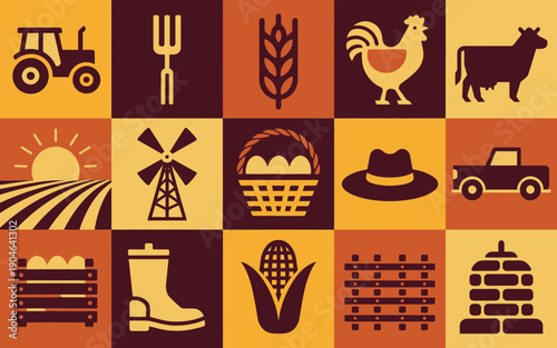 agriculture and farming icons set with harvest tools crops and rural symbols