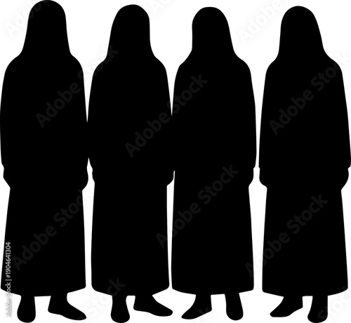 Black Silhouette of Four Mysterious Figures in Long Hooded Robes Vector