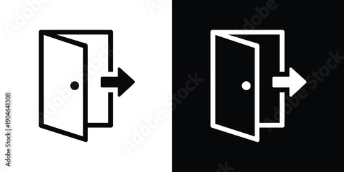 Exit door vector icon with arrow. Emergency out, escape route, and doorway symbol for building safety, navigation, and logout interface design elements.