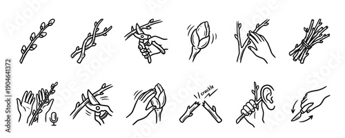 Collection of hand-drawn doodle style icons illustrating ASMR triggers with hands cutting, breaking, and tapping branches and twigs to produce relaxing sounds for sensory stimulation