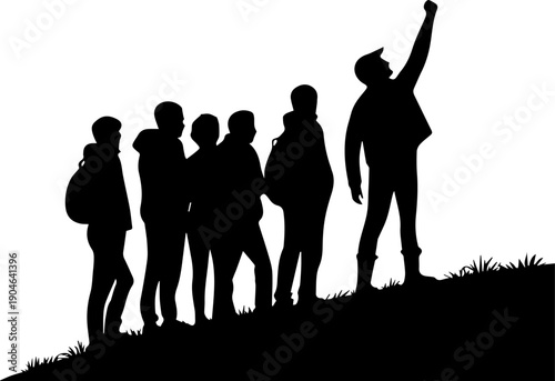 Team success achievement leadership concept silhouette Group of hikers standing on top of hill