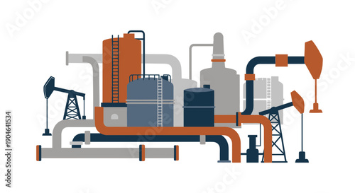 Oil extraction and refining industrial complex illustration