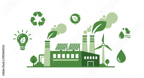 Sustainable Industry Concept: Green Factory with Renewable Energy Icons