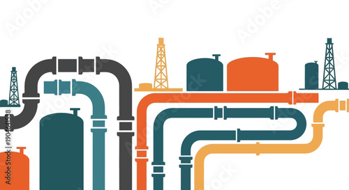 Industrial Pipeline System and Oil Rigs - Abstract Vector Illustration