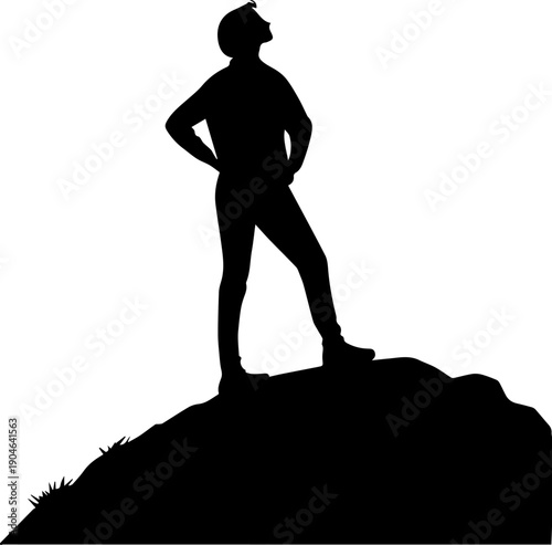 Triumphant person silhouette standing on hilltop looking up Success achievement vector graphic black and white