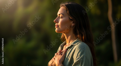 a serene young woman meditating outdoors with eyes closed and hands clasped over heart feeling peace and gratitude at golden hour.