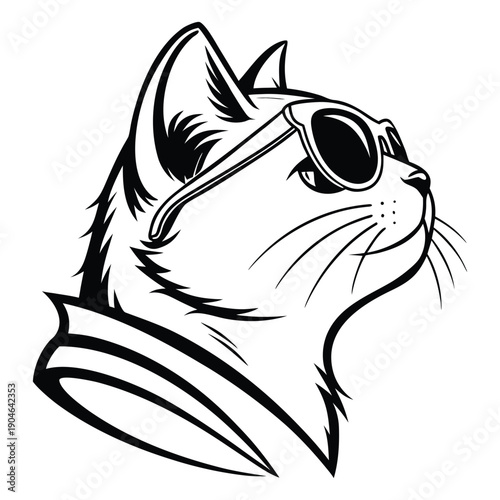 Cool Cat with Sunglasses Line Art – Stylish Black and White Cat Vector Illustration.