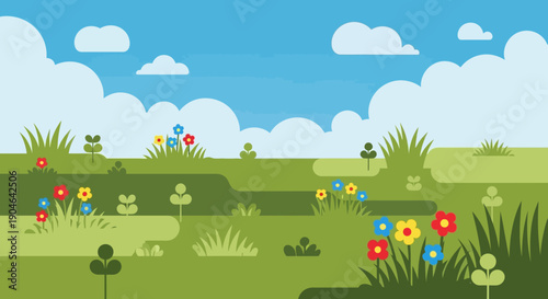 Colorful Flowers in Cartoon Landscape Scene.