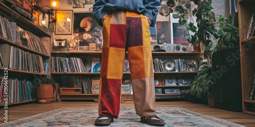 Multicolored patchwork corduroy pants in a vintage setting.