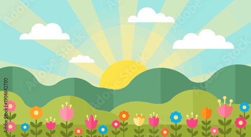 Colorful Flowers in Sunny Landscape Scene.