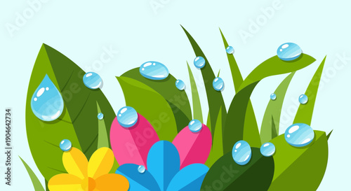 Colorful Flowers with Dew Drops on Leaves.