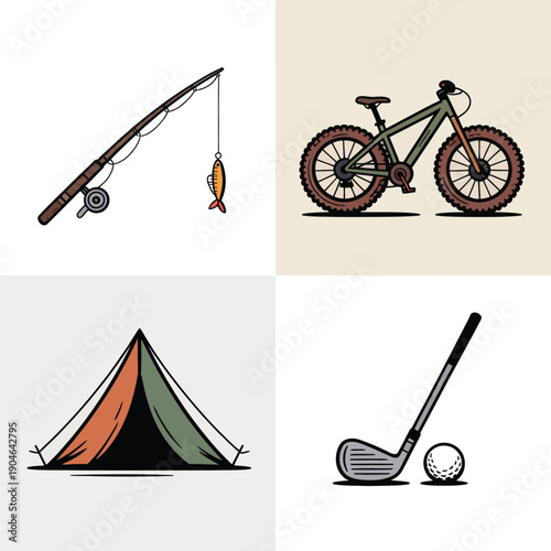 outdoor adventure and sport activity icons with camping fishing cycling and golf symbols