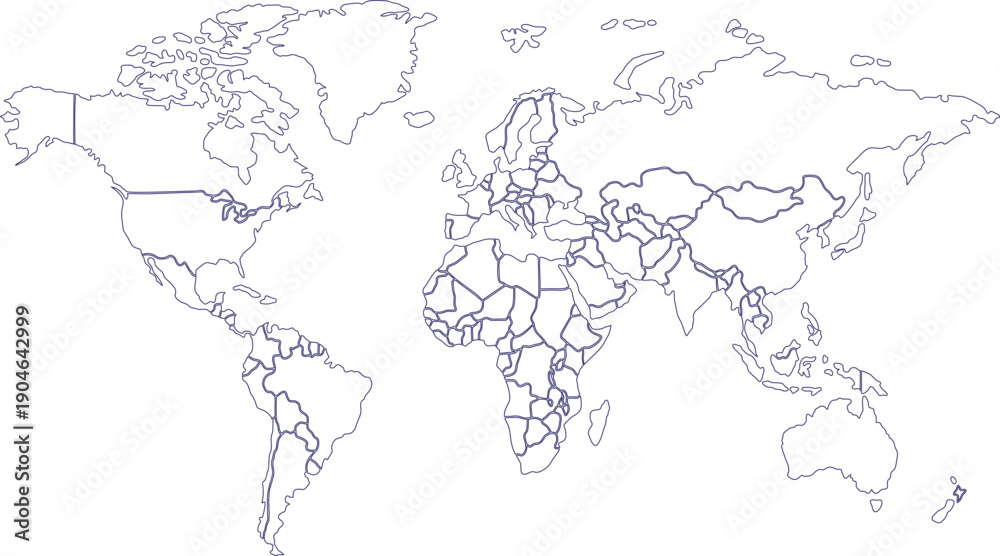 Fototapeta premium Simple World Map Outline with Country Borders, Vector Illustration