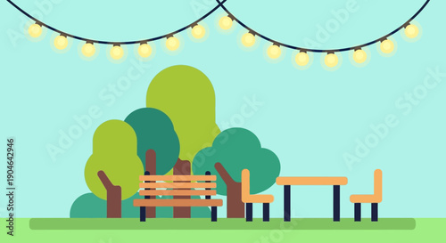 Colorful Illustration of Park Bench and Lights.