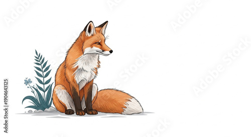 Illustration of a red fox sitting in grass with a fern.