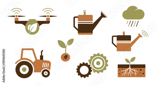 Smart Farming Icons: Drone, Tractor, Watering Can, Plant Growth, Gears