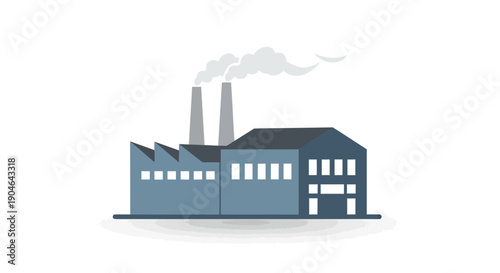 Factory building with smoke stacks, industrial pollution concept