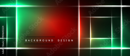 Abstract neon lights create vibrant green, red gradients. White lines form grid pattern over dark background. Modern design element.