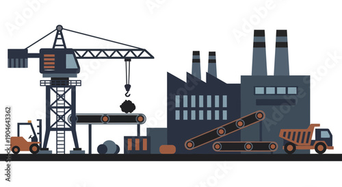 Industrial factory with crane, conveyor belt, and dump truck