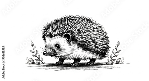 Hedgehog illustration in black and white sketch style.
