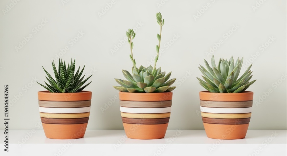 Fototapeta premium Three potted succulent plants in terracotta pots, a modern home decor element, arranged on white surface