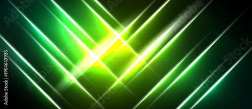Bright neon lines converge, creating dynamic visual effect. Vivid green, yellow hues dominate dark background. Futuristic, energetic composition.