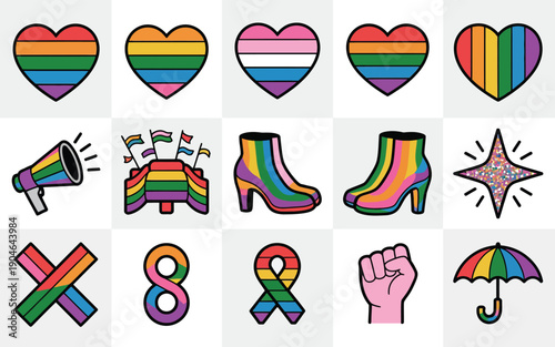 lgbt pride and equality symbols icons with rainbow hearts flags and diversity signs