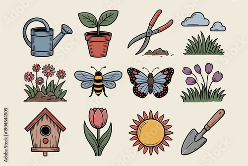 garden and nature icons with plants flowers insects tools and outdoor elements