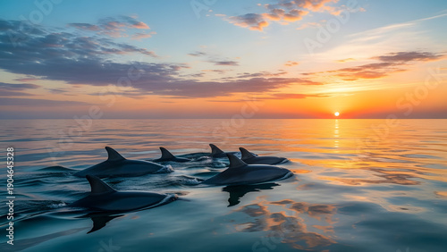 Dolphins swimming in the ocean at sunset