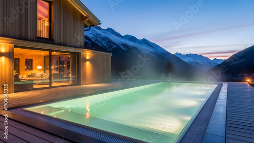 Serene mountain pool at dusk with misty ambiance