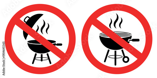 No BBQ Prohibition Sign - Red Circle with Diagonal Line Over Grill Symbol for Fire Safety and Restricted Outdoor Cooking Areas