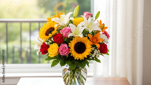Vibrant flower arrangement on a windowsill