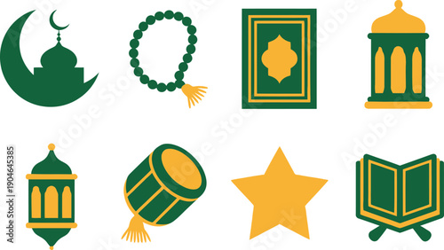 islamic religious icons with mosque prayer quran crescent and cultural symbols