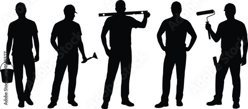 Construction worker silhouettes set, professional builders and painters holding tools, home renovation maintenance service concept, black isolated flat vector illustration