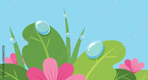 Pink Flowers and Green Leaves with Dew Drops.