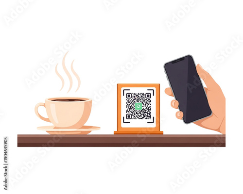 Hand scanning QR code stand with smartphone on cafe table. Contactless digital payment or online menu concept next to hot coffee cup. Flat vector illustration.