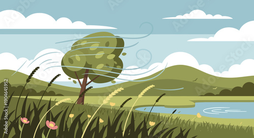 Single Tree Standing in Green Landscape.