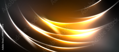 Abstract golden lines curve across dark background. Bright glow emanates from center, creating dynamic visual effect. Smooth shapes suggest movement.