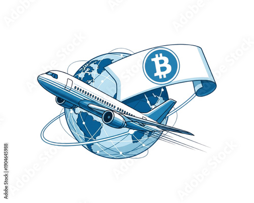 Flat Vector Bitcoin Airplane: Global Crypto Jet Flying Around Earth Globe with BTC Banner - Cryptocurrency Travel, Finance & Blockchain Concept Illustration