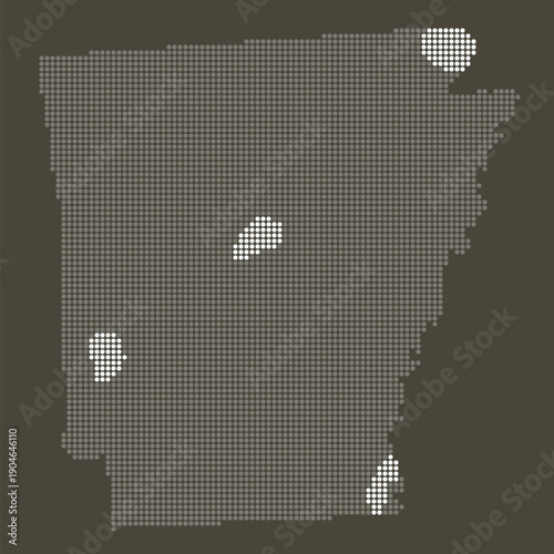 Arkansas State Grey and White Dotted Map on Brown for Aerospace Logistics and Defense Manufacturing. Arkansas state dotted map.