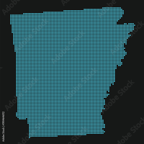 Arkansas Light Blue Point Grid Map on Black for Silicon Carbide Semiconductors and AI Research. Arkansas state dotted map.