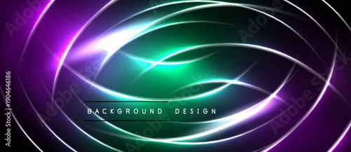 Abstract neon lights create dynamic circular patterns. Vibrant purple, green hues dominate dark background. Modern design element.