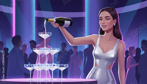 Woman pouring champagne in club in bright neon corridor style scene with celebratory toast focus