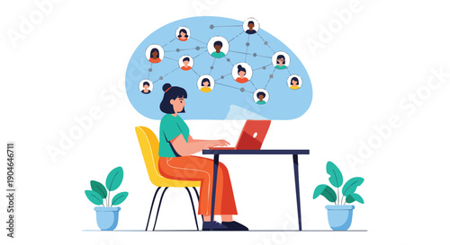 Connecting People in Digital Network: Woman Working on Laptop with Social Connections Illustration.