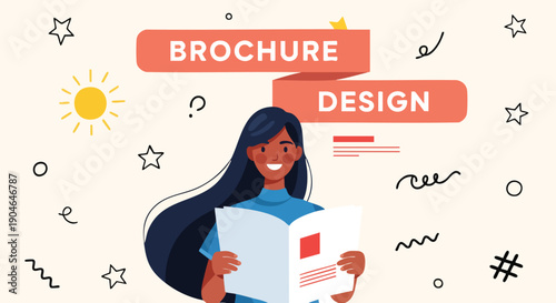 Creative brochure design concept with a woman reviewing a booklet and playful graphic elements in a bright background.