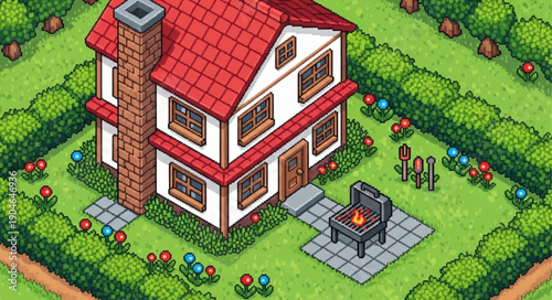 Isometric Cartoon House with Garden and Grill.
