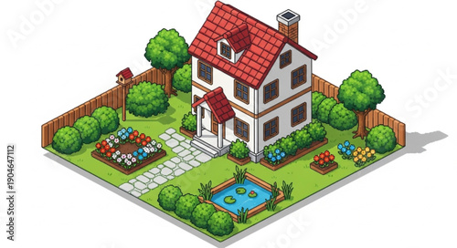 Isometric cartoon house with garden and pond.